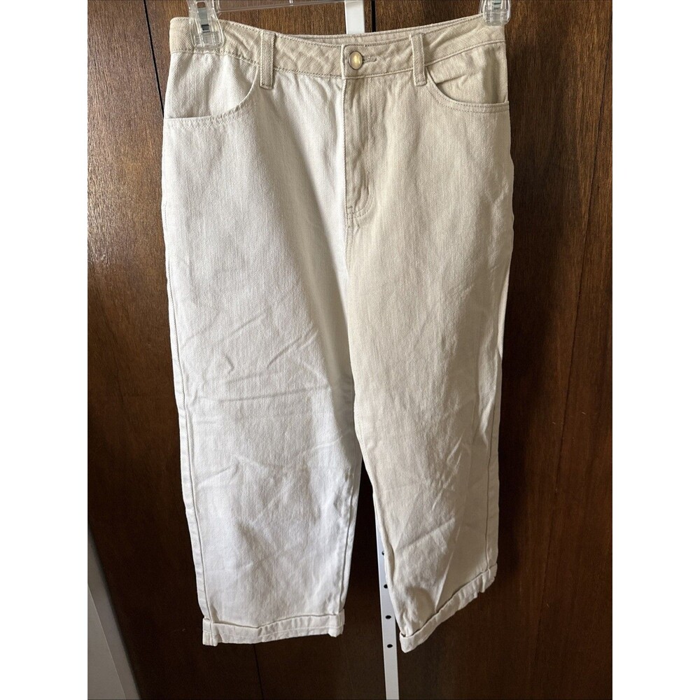 12th Tribe Jeans Womens High rise Barrel Leg Baggy Denim 2 Tone Cream sz M $98